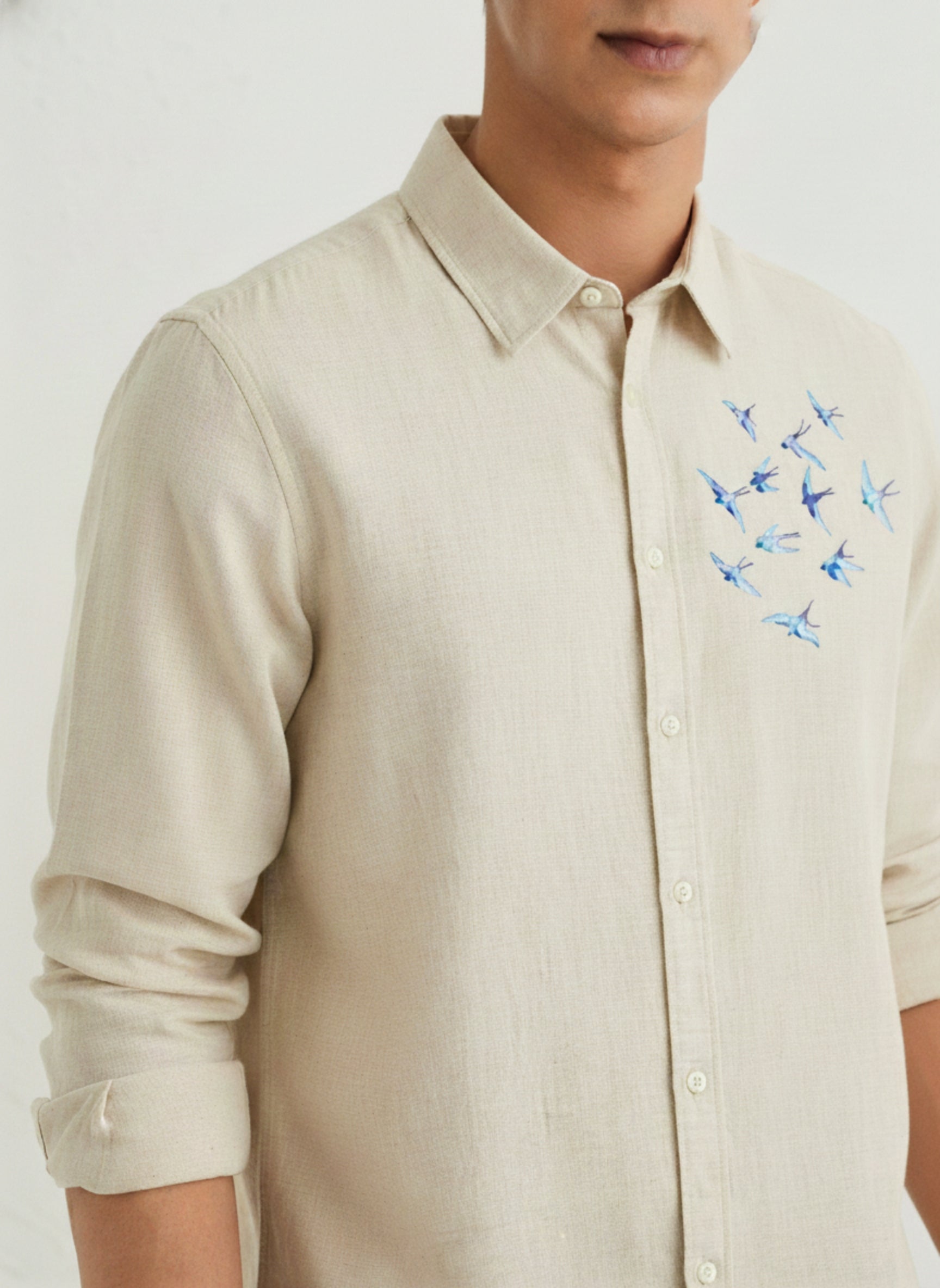 Men's Slim-Fit Shirt with Blue Swallow Flock Embroidery