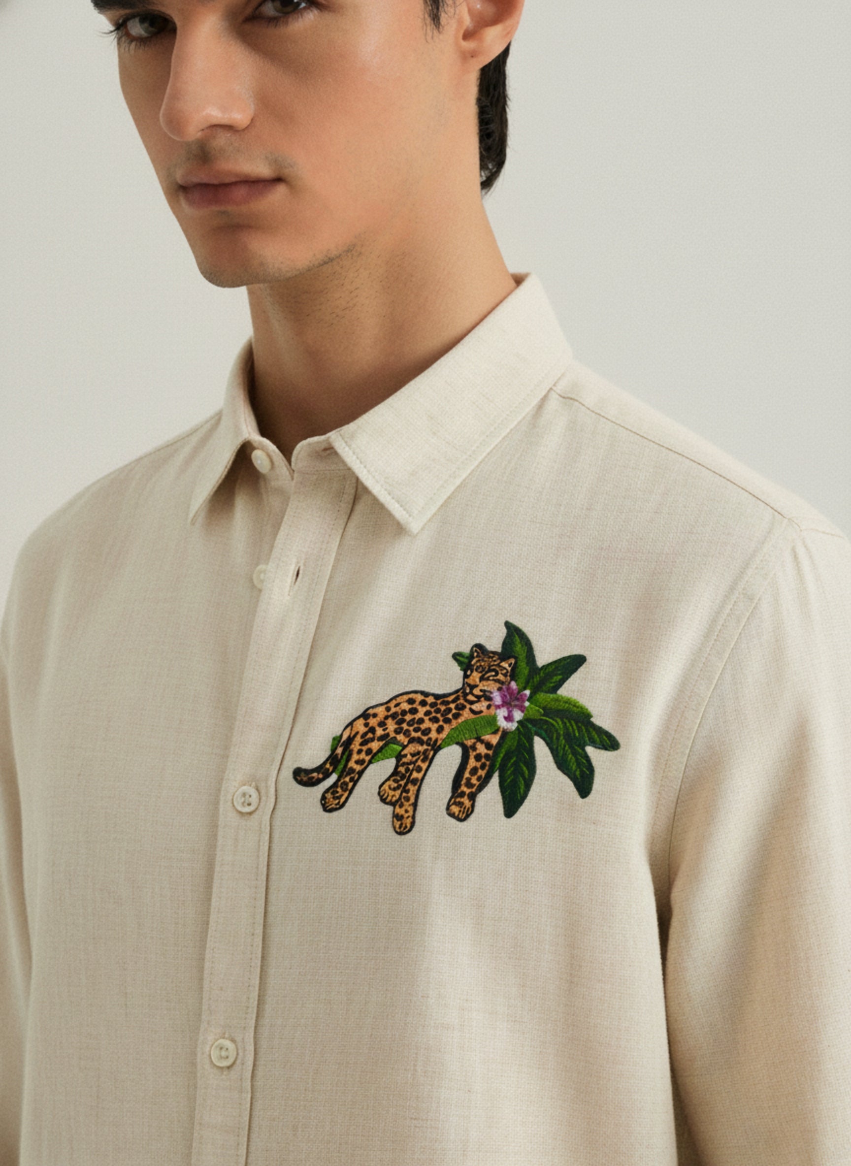 Men's Slim-Fit Shirt with Embroidered Leopard & Palm Leaf