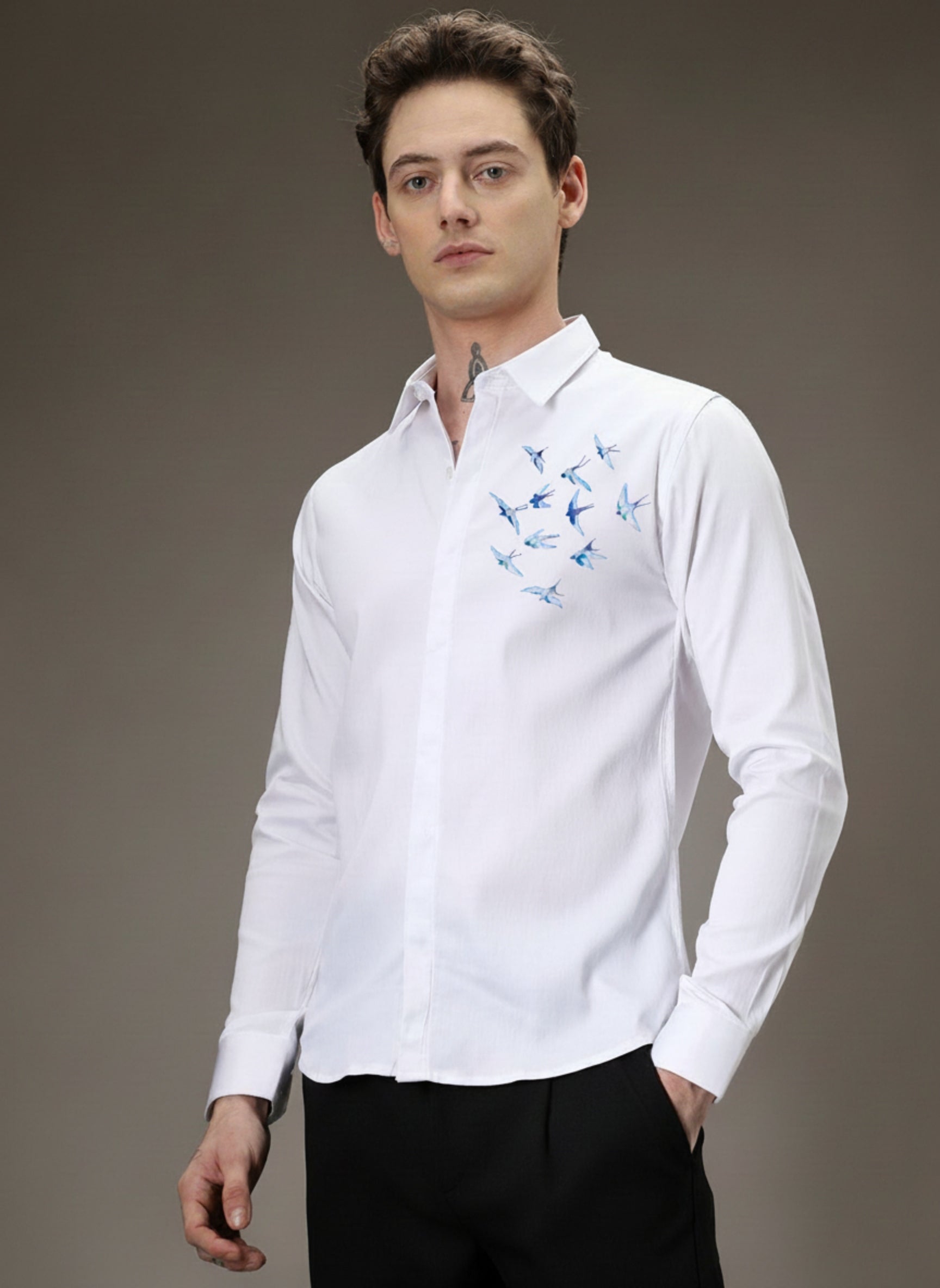 Men's Slim-Fit Shirt with Blue Swallow Flock Embroidery