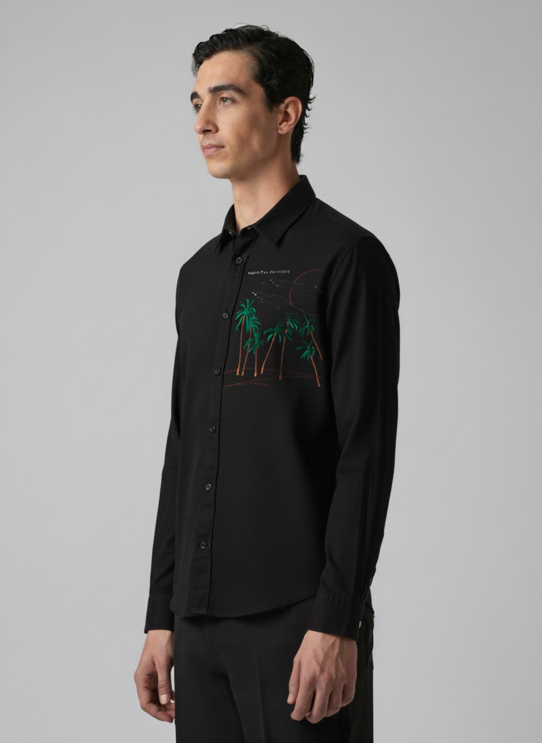 Men’s Casual Linen-Blend Embroidered Palm Tree Shirt