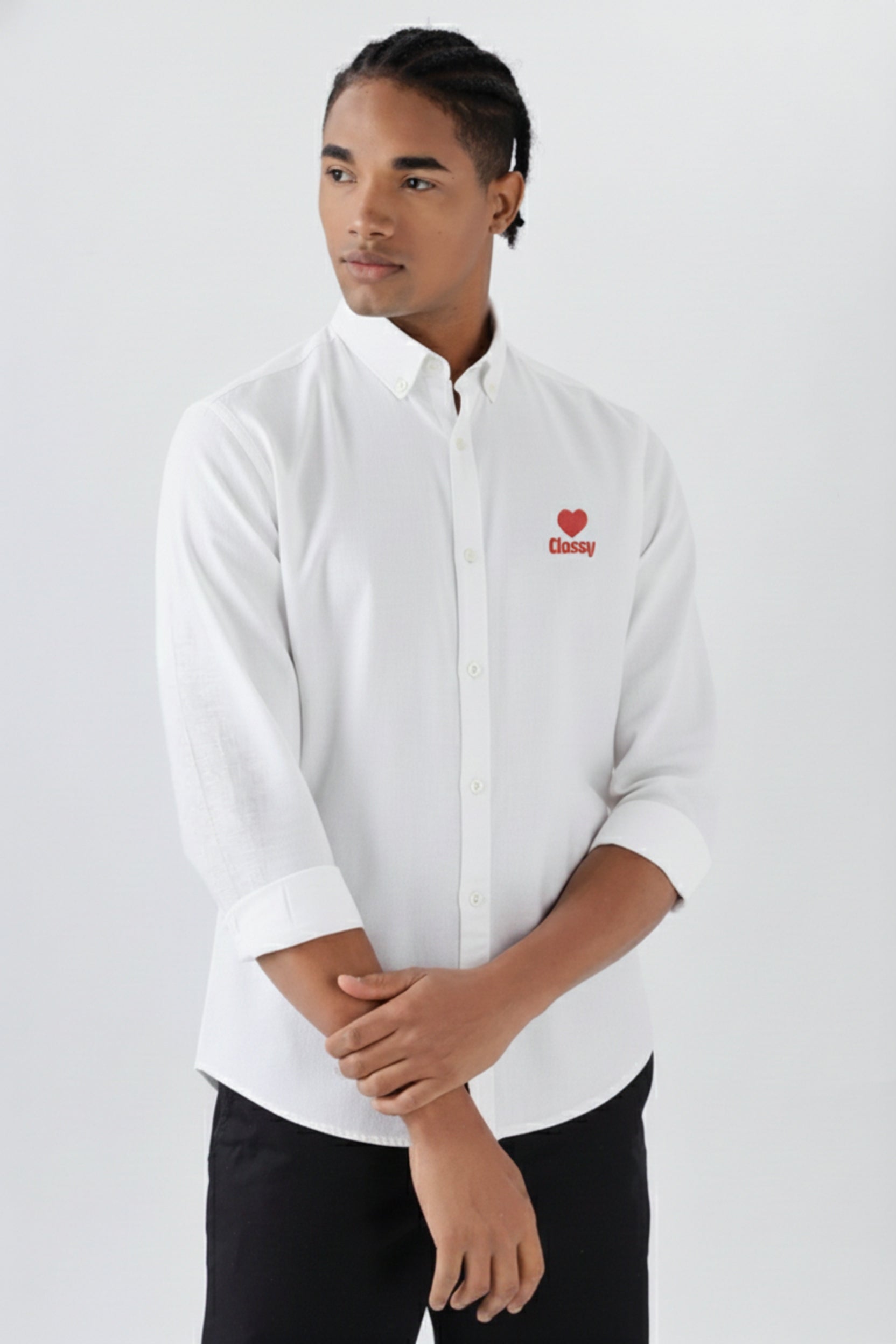 Men's "Classy" Heart Print Casual Button-Down Shirt with Contrast Buttons