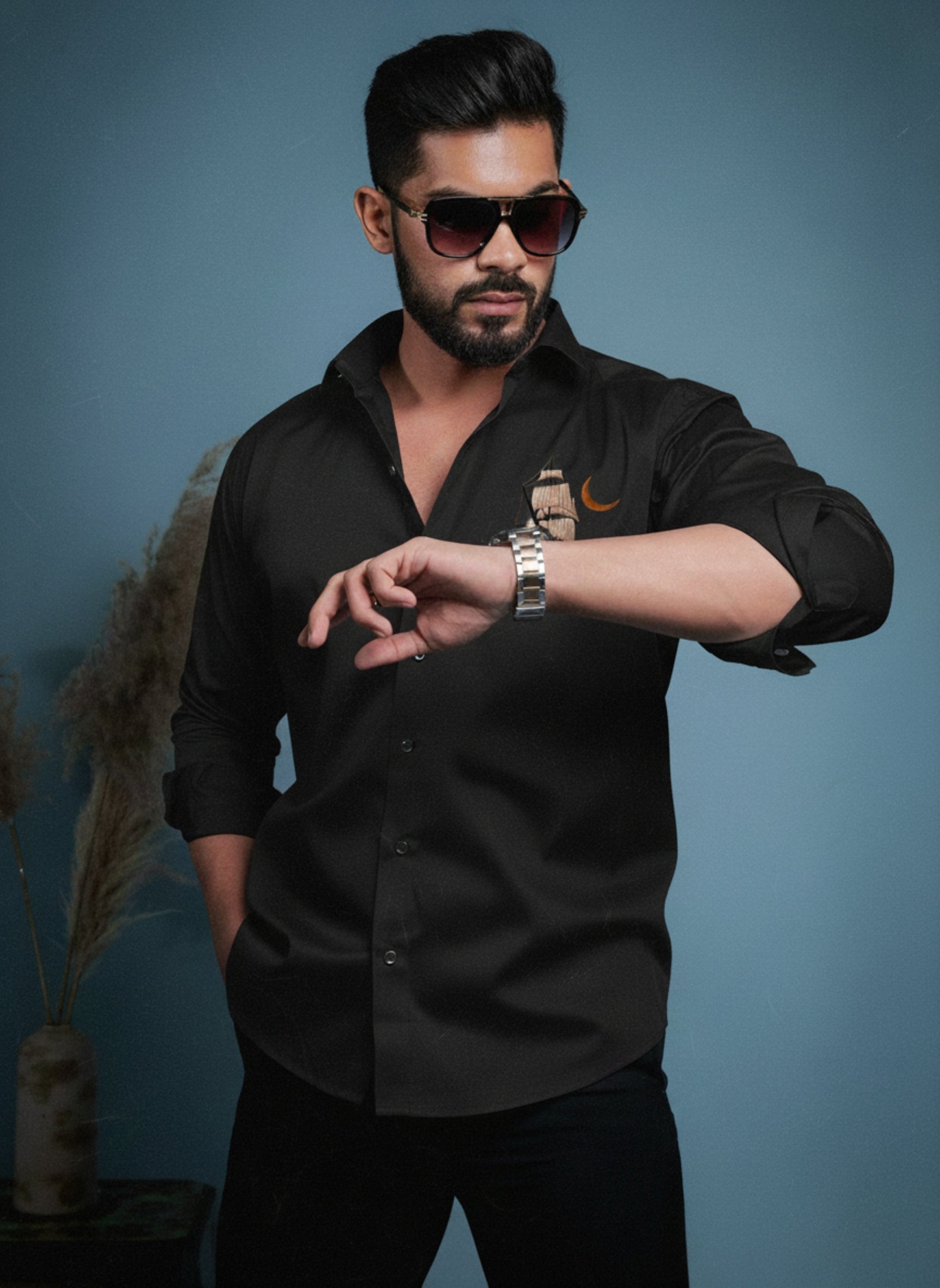 Men’s Premium Button-Down Shirt with Sailboat & Crescent Moon Embroidered Design