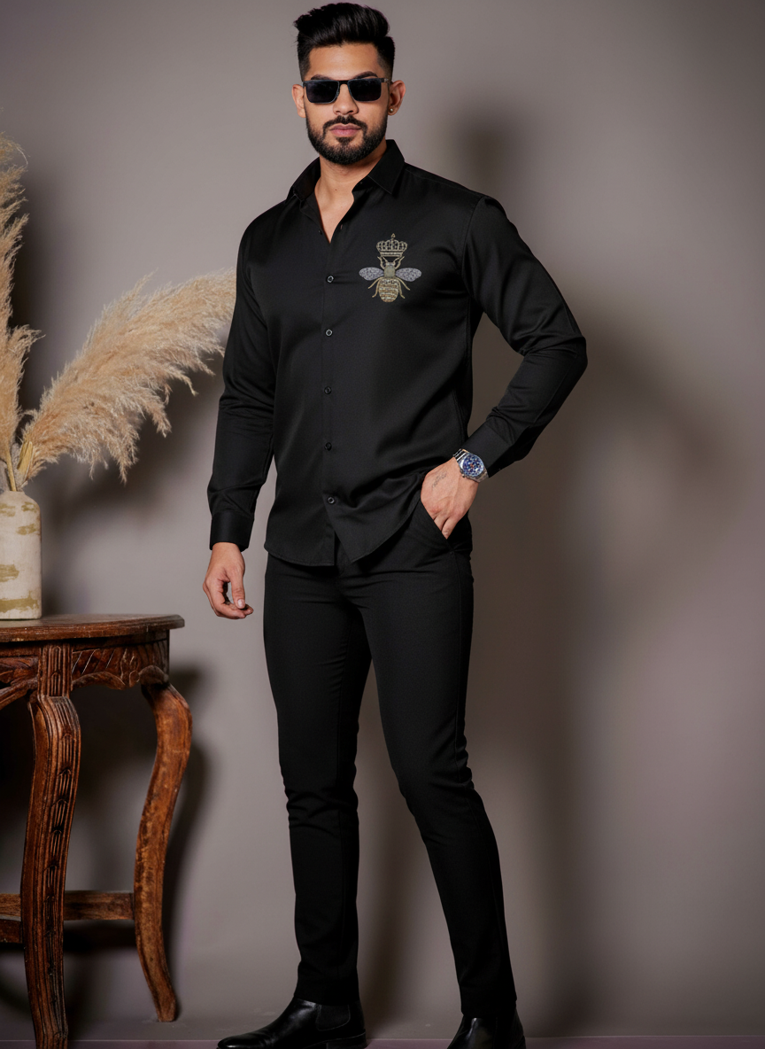 Men's Black Button-Up Shirt with Crowned Bee Design