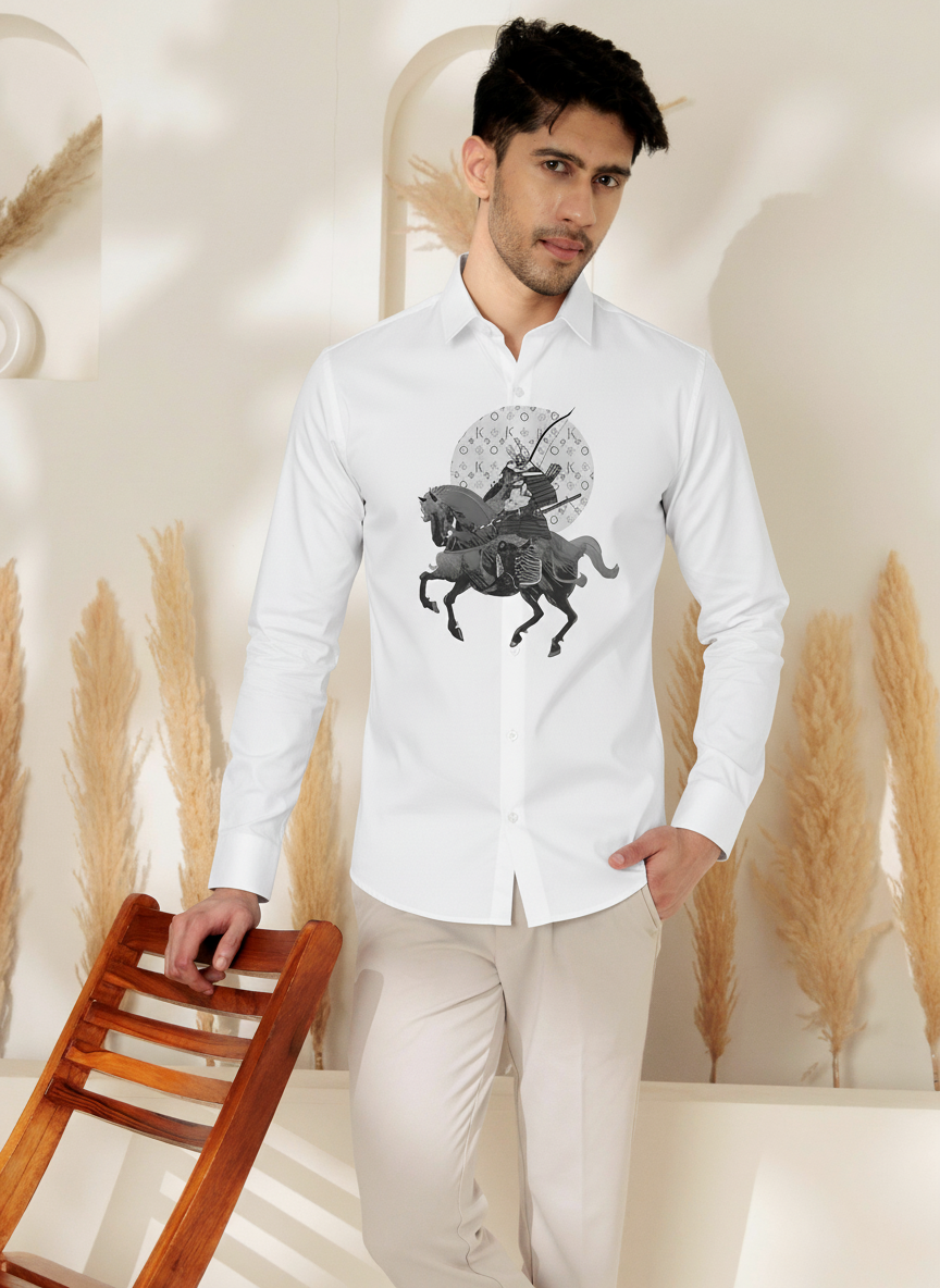 Men’s Long-Sleeve Samurai Warrior Shirt with Lunar Emblem Print