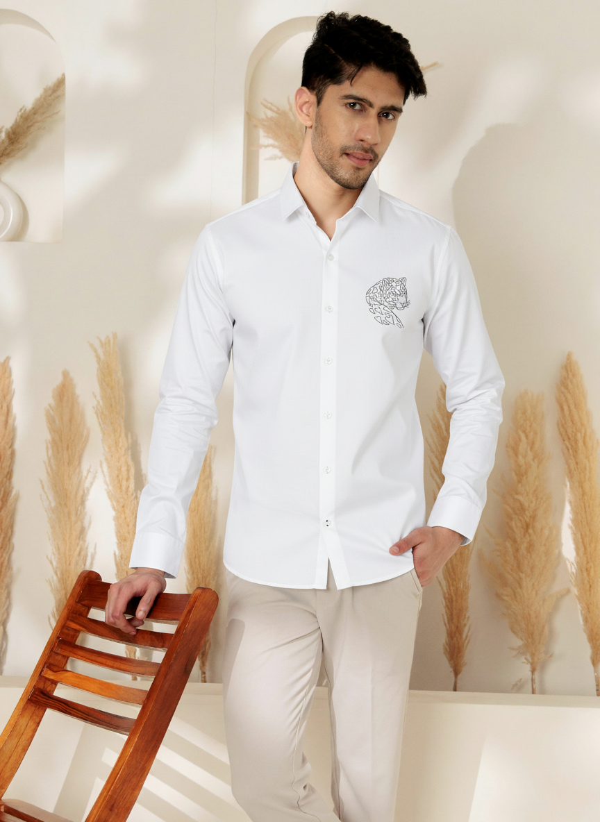 Men's White Shirt with Minimal Jaguar Line Art Print