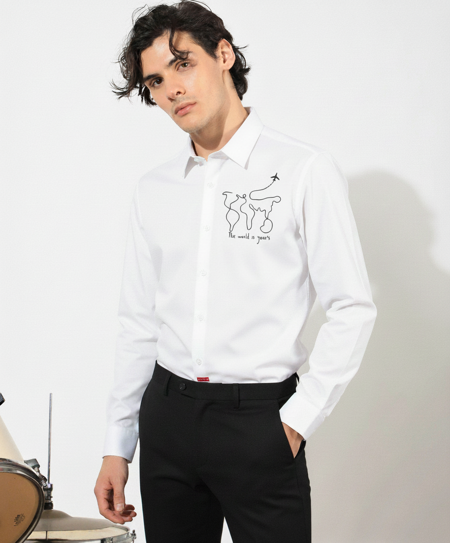 Men’s White “The World is Yours” Embroidered Travel-Inspired Shirt