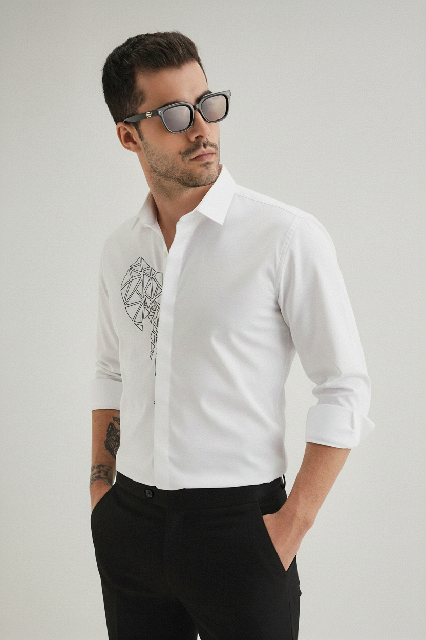 Men’s White Slim Fit Shirt with Geometric Elephant Embroidery & Concealed Placket