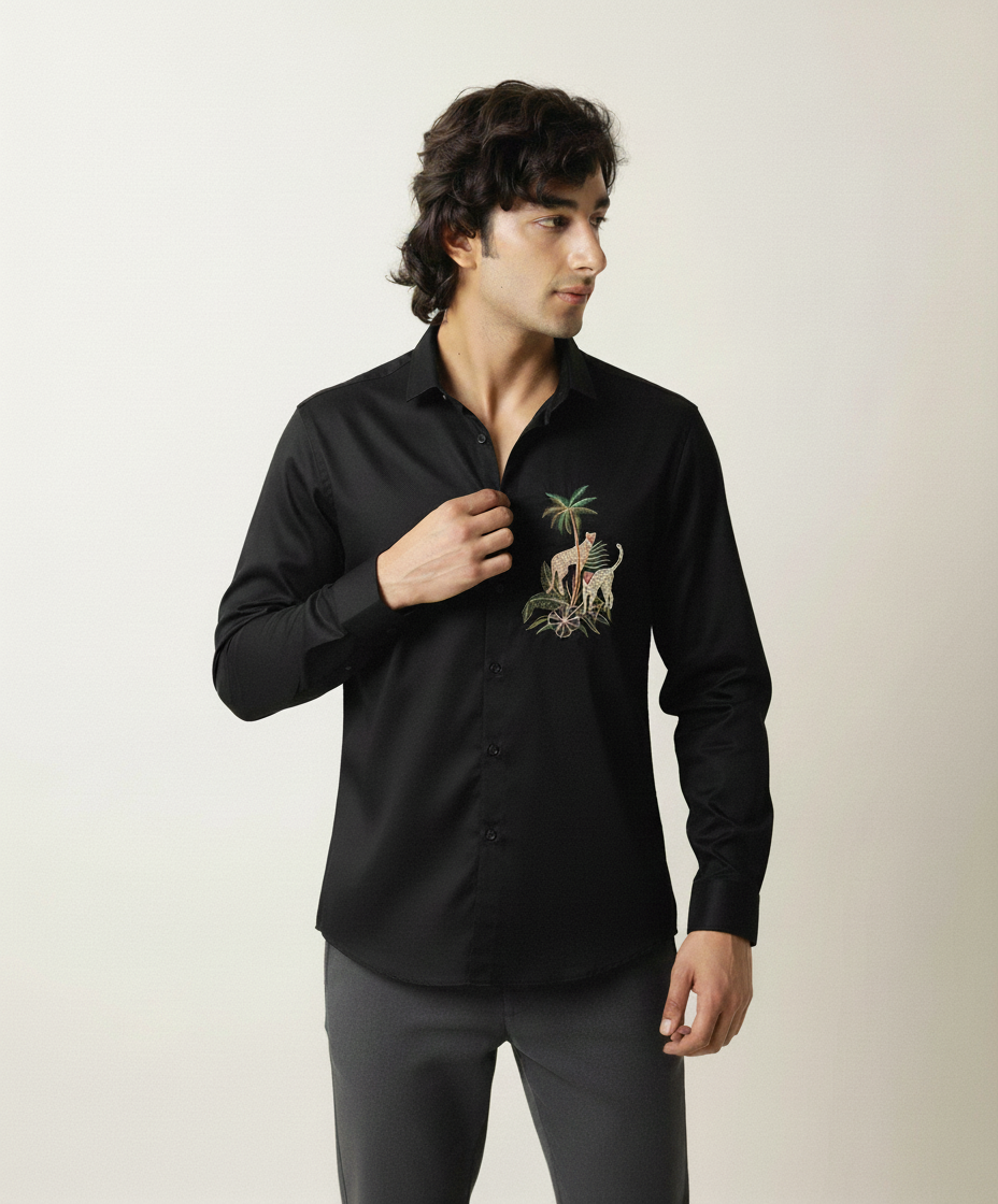 Men’s Black Slim Fit Shirt with Tropical Leopard Embroidery & Classic Collar