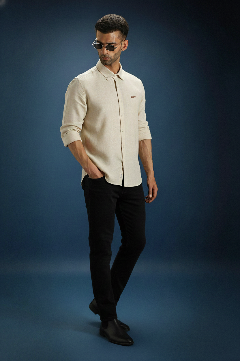 Men’s Beige Textured Slim Fit Shirt with Subtle Embroidered Logo & Classic Collar