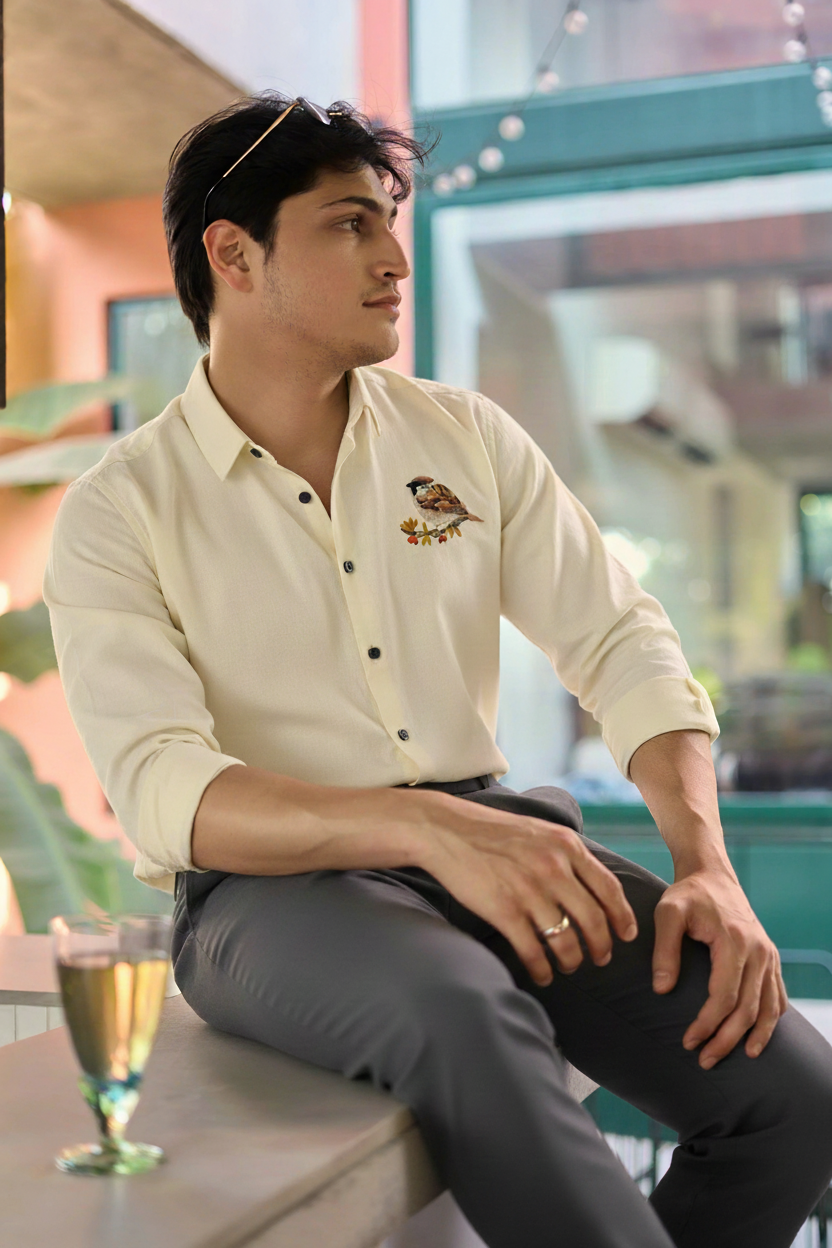 Men’s Cream Slim Fit Shirt with Bird Embroidery on Chest