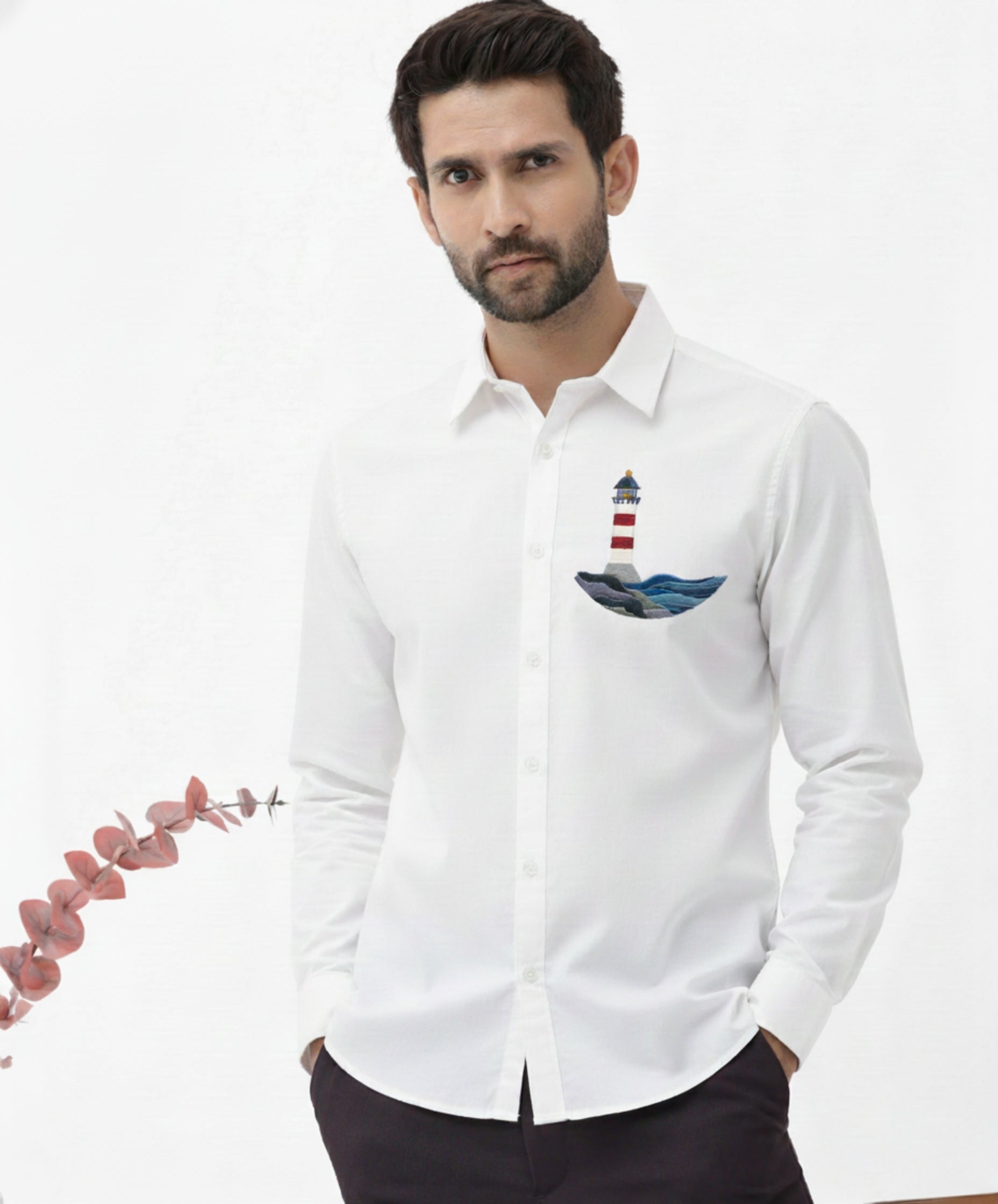 Men’s Button-Down Shirt with Lighthouse & Ocean Wave Embroidered Design