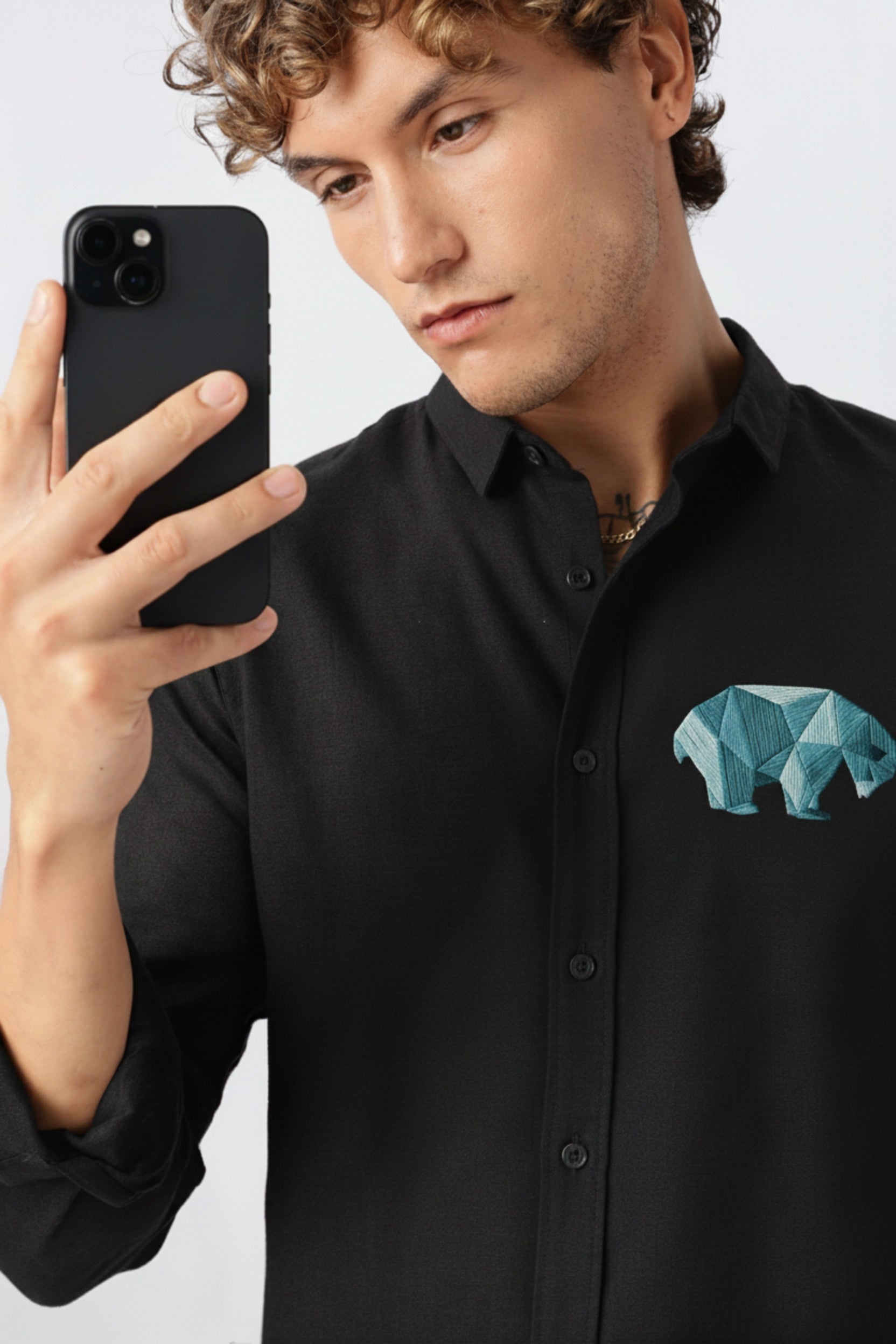 Men's Geometric Bear Embroidered Shirt