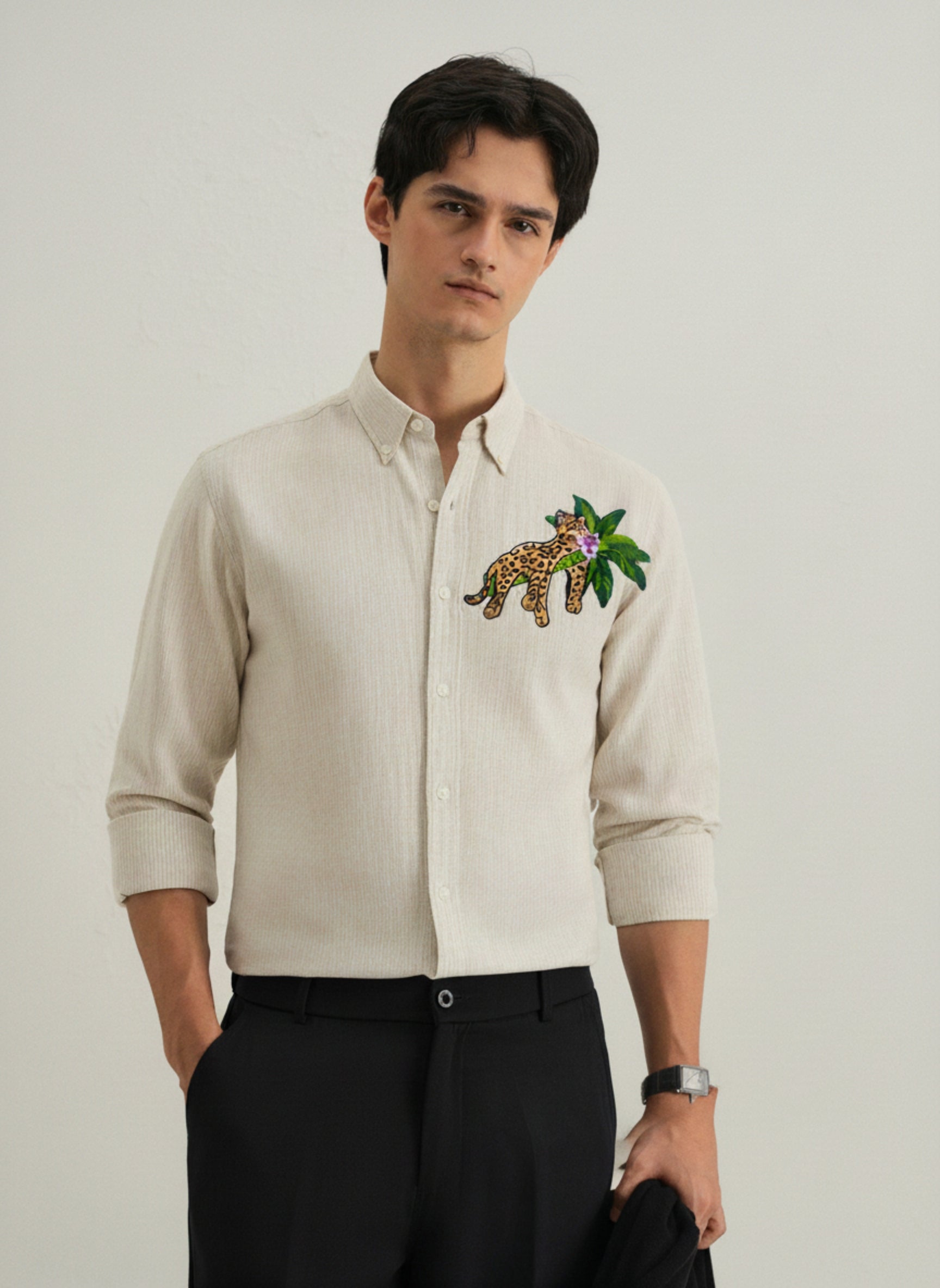 Men's Slim-Fit Shirt with Embroidered Leopard & Palm Leaf