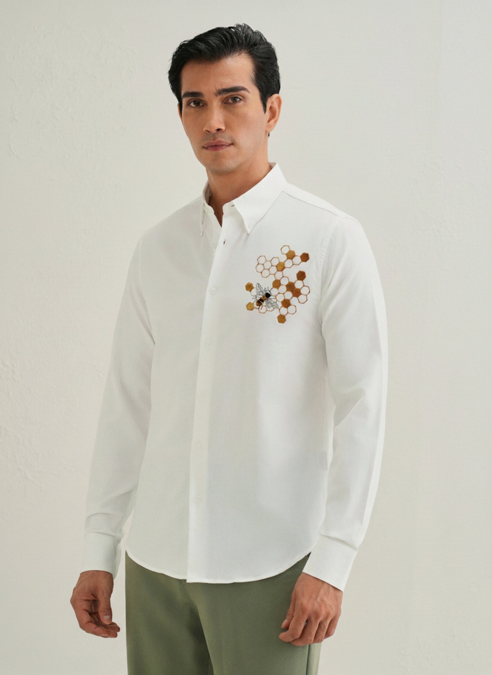 Men's Button-Down Shirt with Gold Honeycomb & Bee Embroidery