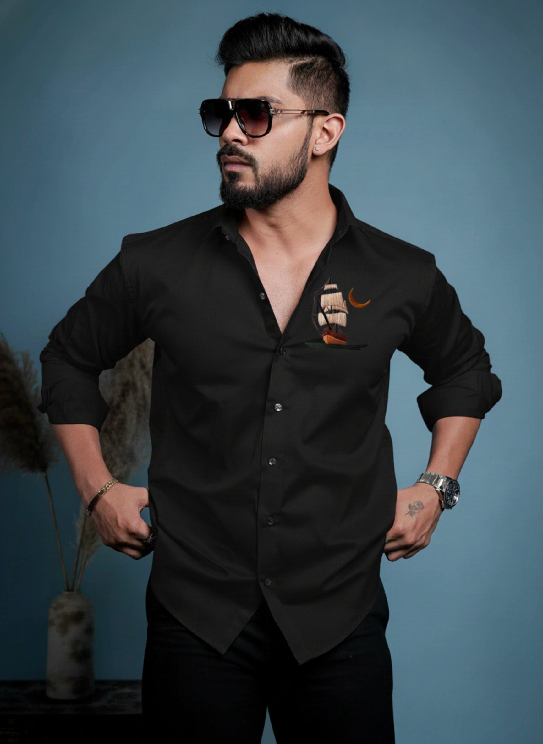 Men’s Premium Button-Down Shirt with Sailboat & Crescent Moon Embroidered Design