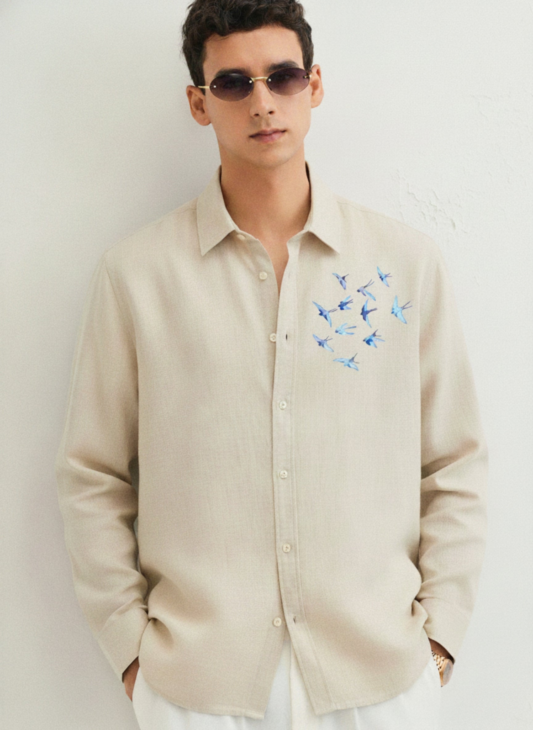 Men's Slim-Fit Shirt with Blue Swallow Flock Embroidery