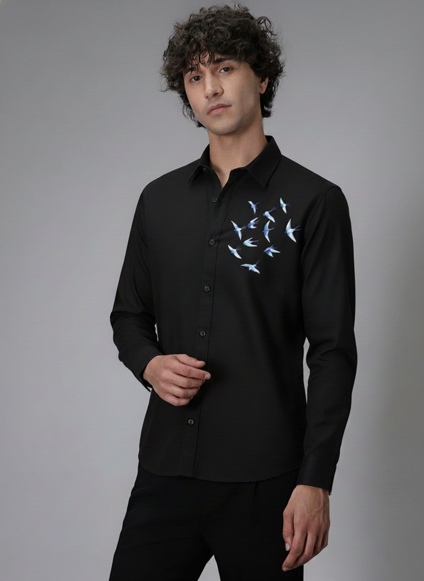 Men's Slim-Fit Shirt with Blue Swallow Flock Embroidery