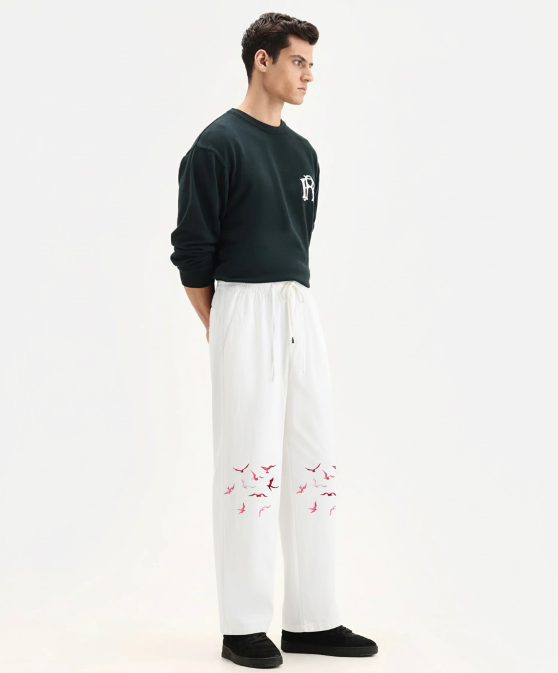 Flying Birds Embroidered Relaxed-Fit Trousers