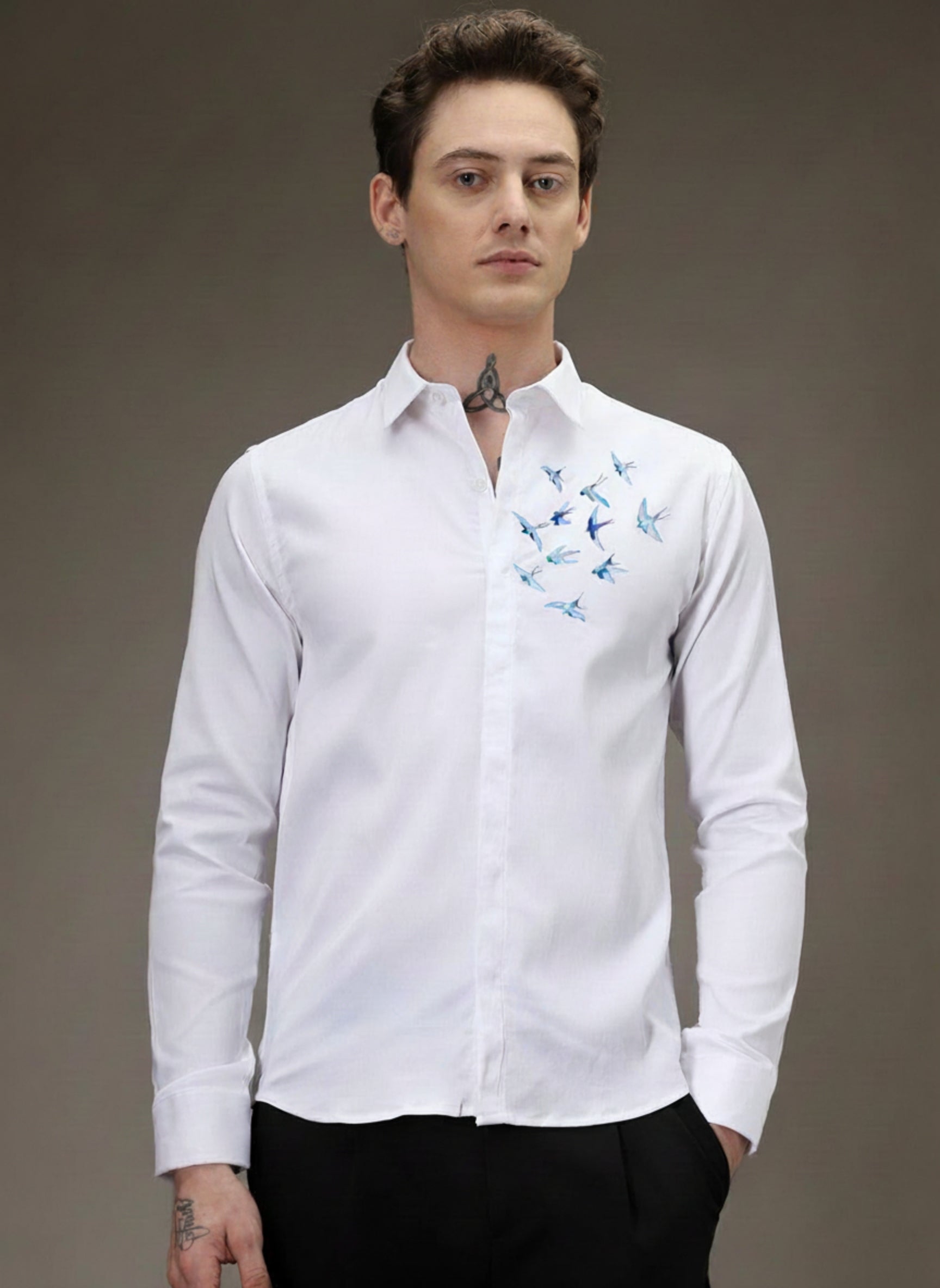 Men's Slim-Fit Shirt with Blue Swallow Flock Embroidery