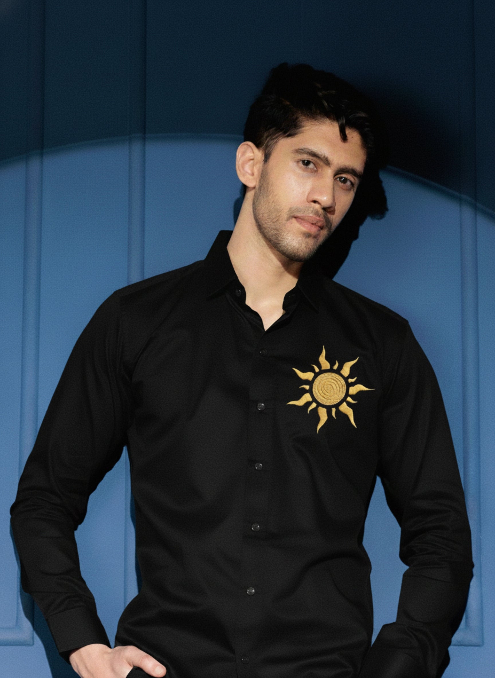 Men's Satin-Finish Shirt with Gold Sun Embroidery