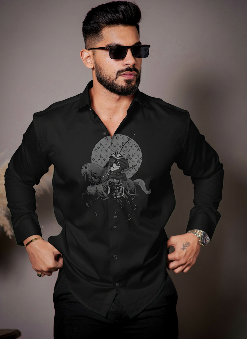 Men’s Long-Sleeve Samurai Warrior Shirt with Lunar Emblem Print