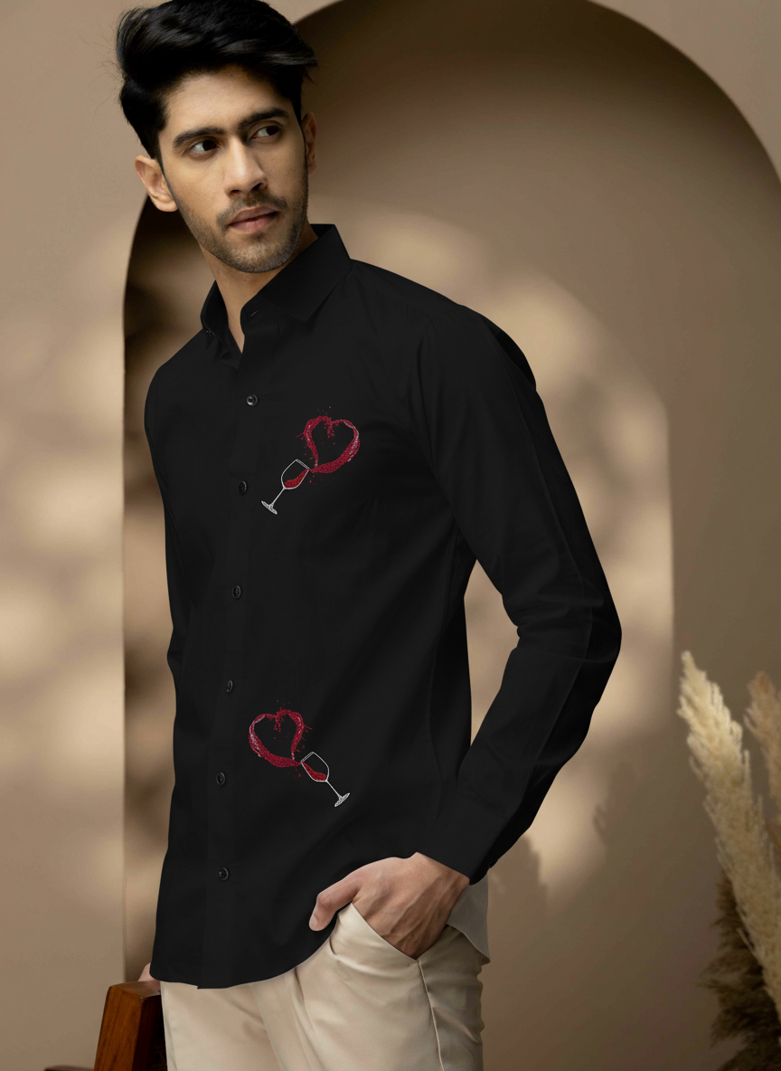 Men's Button-Up Shirt with Wine Glass & Heart Design