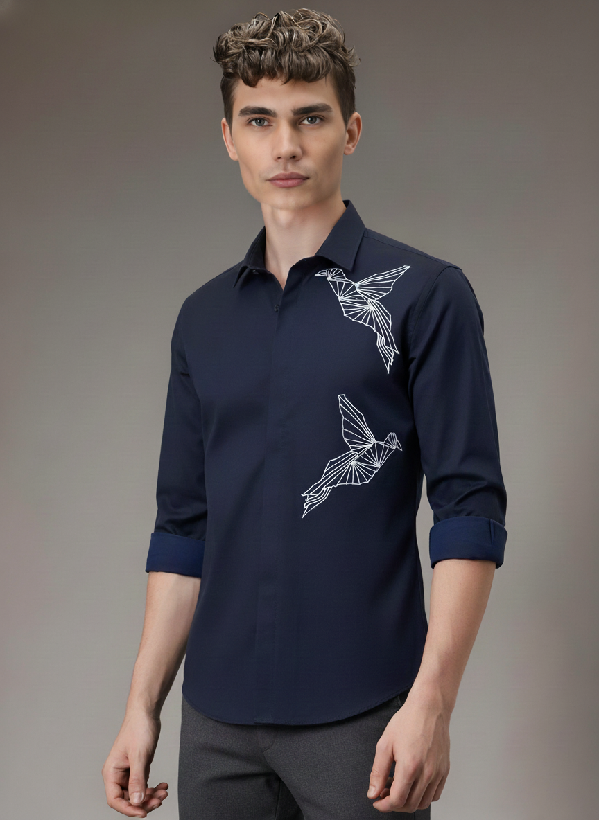 Men’s Navy Blue Slim Fit Shirt with Dual Geometric Bird Embroidery