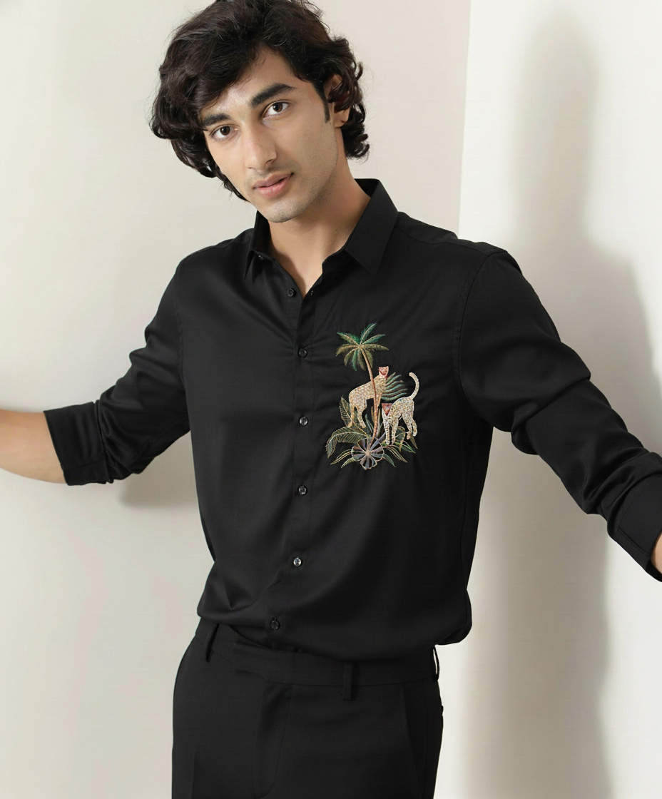Men’s Black Slim Fit Shirt with Tropical Leopard Embroidery & Classic Collar