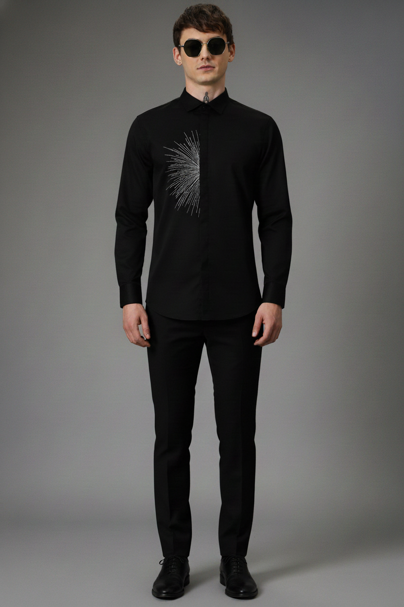 Men’s Black Slim Fit Shirt with Silver Abstract Burst Embroidery & Concealed Button Placket