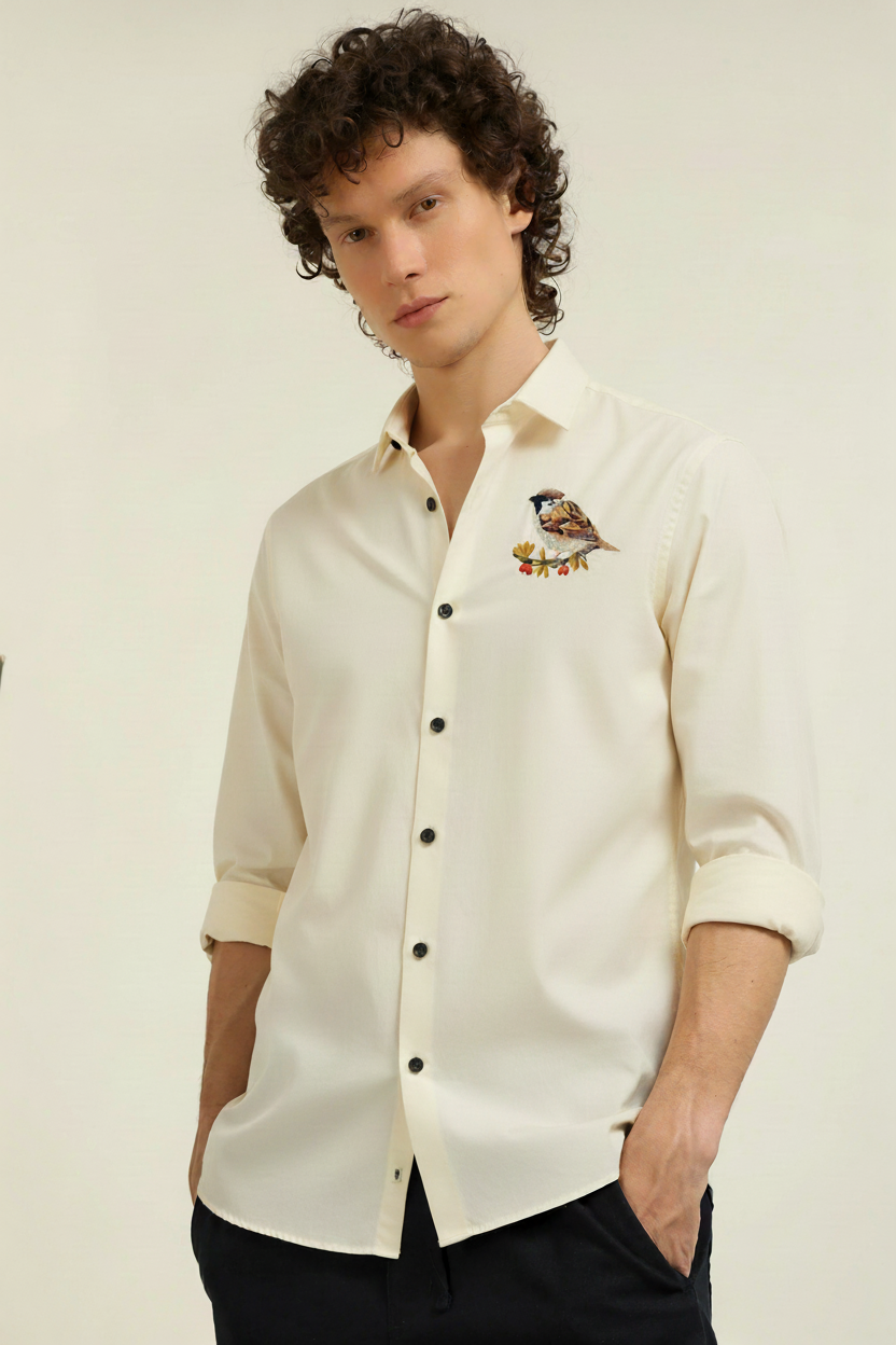 Men’s Cream Slim Fit Shirt with Bird Embroidery on Chest