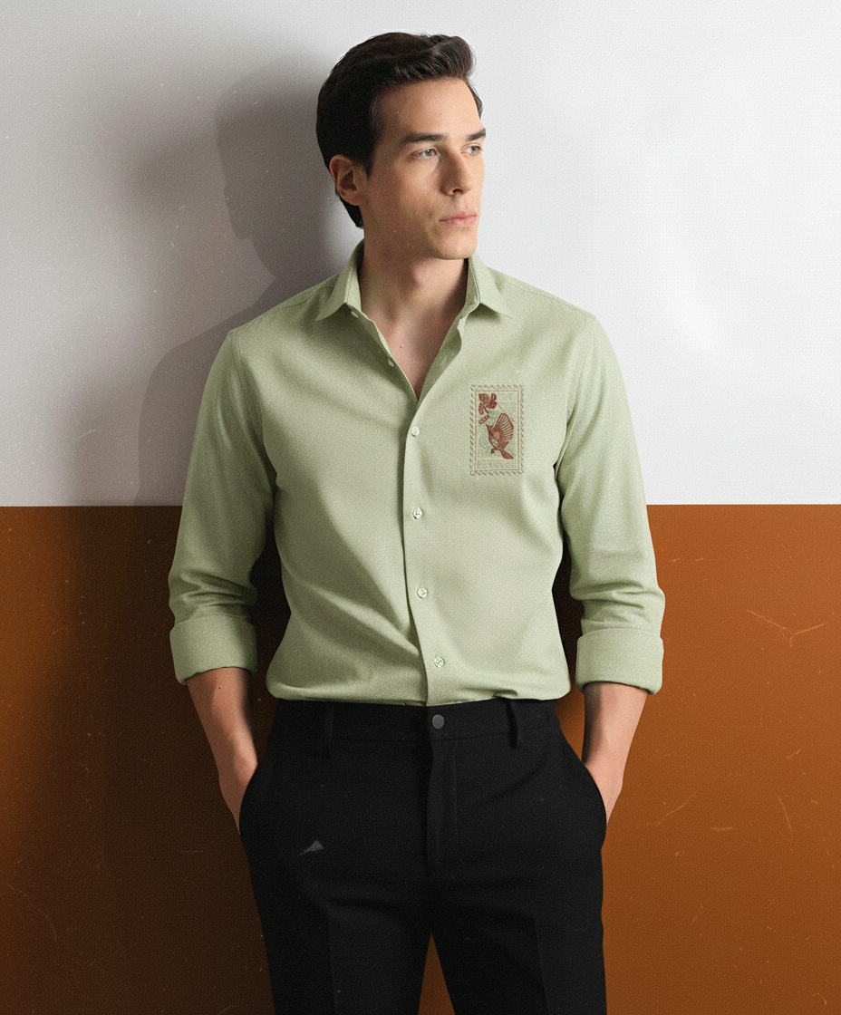 Men’s Light Sage Green Shirt with Artistic Embroidered Motif