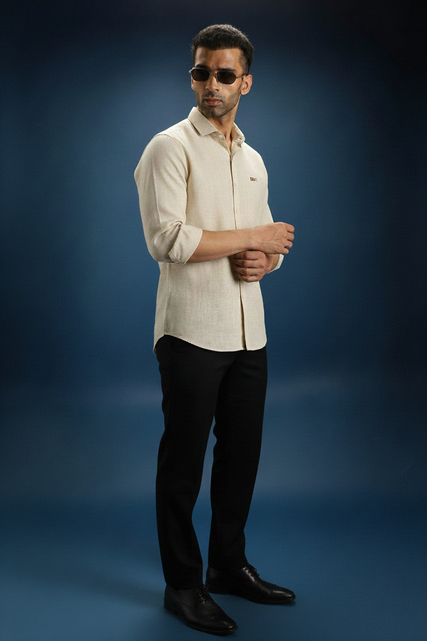 Men’s Beige Textured Slim Fit Shirt with Subtle Embroidered Logo & Classic Collar