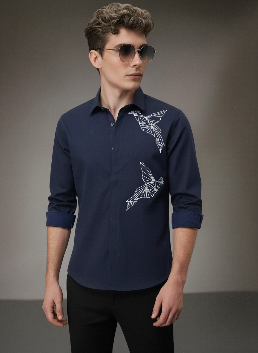 Men’s Navy Blue Slim Fit Shirt with Dual Geometric Bird Embroidery