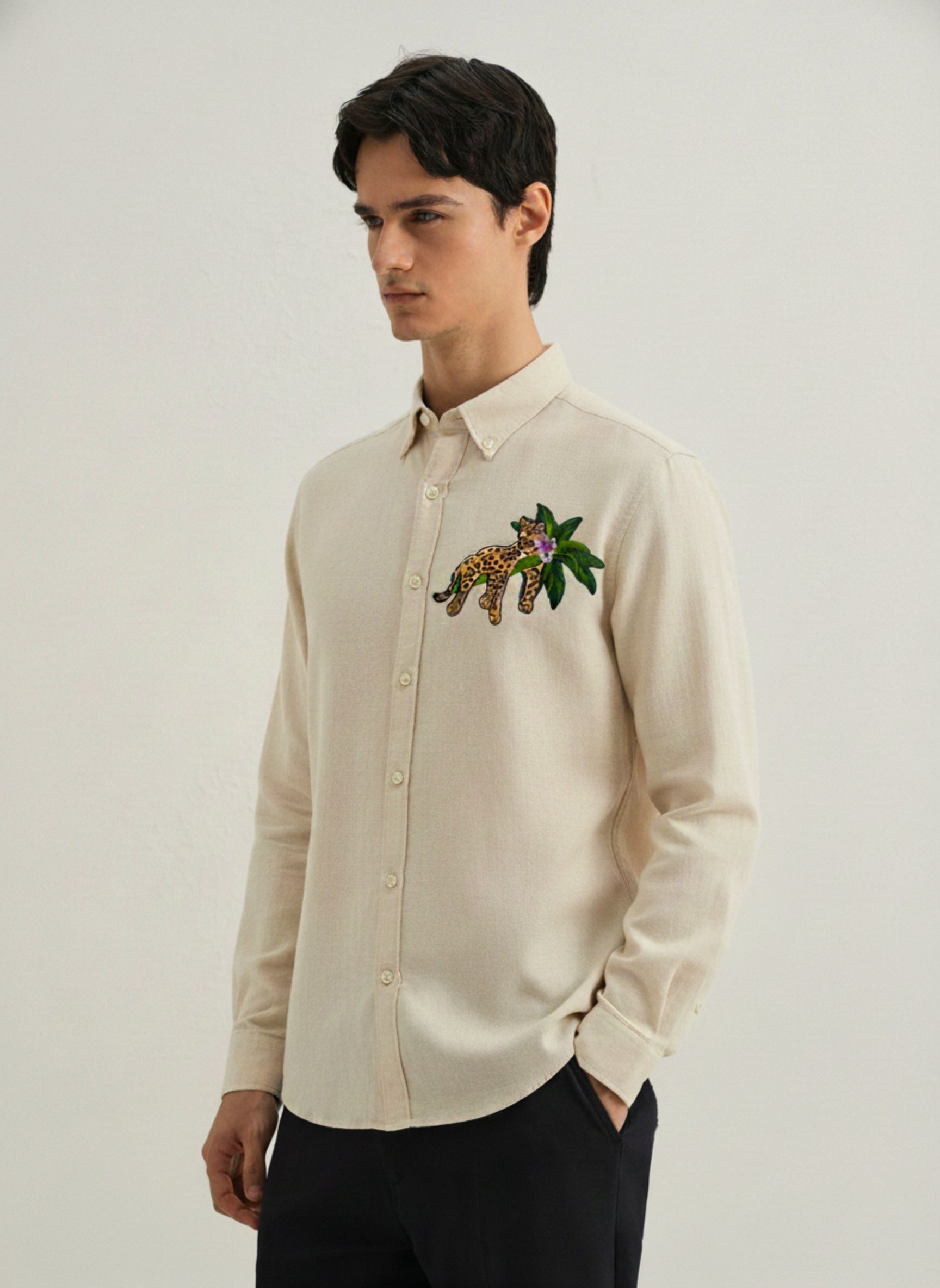 Men's Slim-Fit Shirt with Embroidered Leopard & Palm Leaf