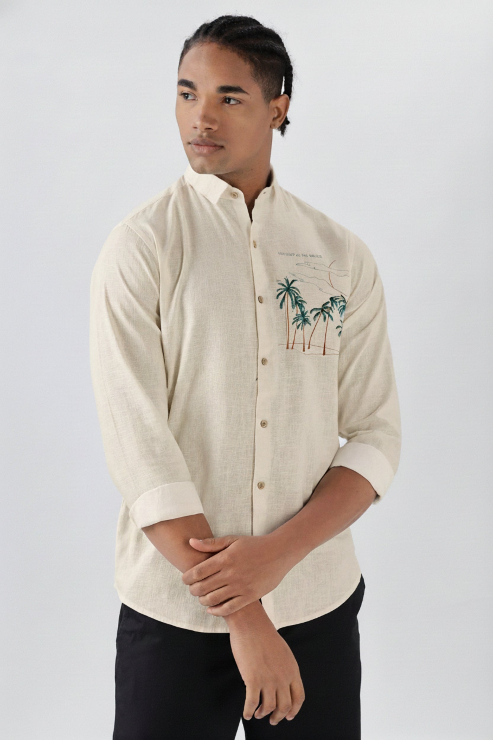 Men’s Casual Linen-Blend Embroidered Palm Tree Shirt