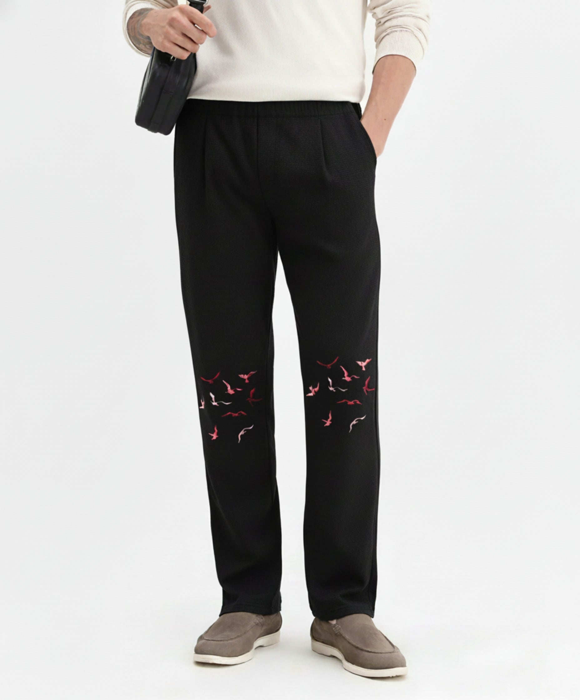 Flying Birds Embroidered Relaxed-Fit Trousers