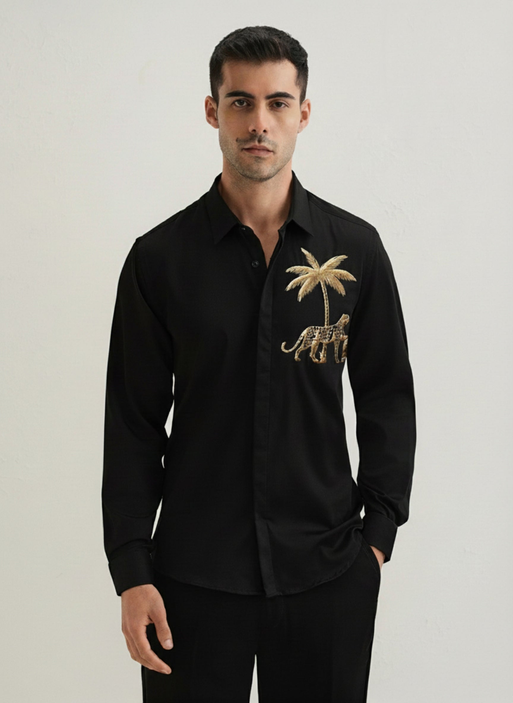 Men's Premium Poplin Shirt with Embroidered Cheetah Motif