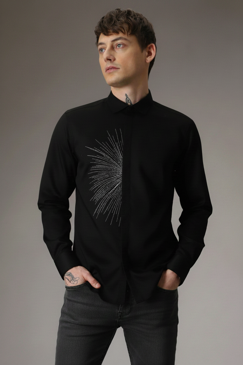 Men’s Black Slim Fit Shirt with Silver Abstract Burst Embroidery & Concealed Button Placket