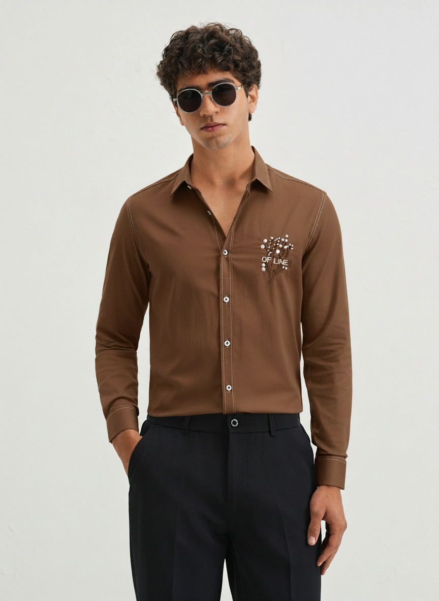 Men’s Brown Slim Fit Shirt with “Offline” Embroidery & Contrast Stitch Detailing
