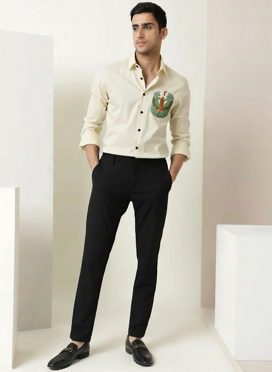 Men’s Cream Slim Fit Shirt with Tiger and Wave Embroidery