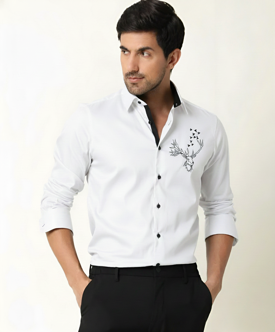 Men’s White Slim Fit Shirt with Black Contrast Collar & Stag Embroidery Detail