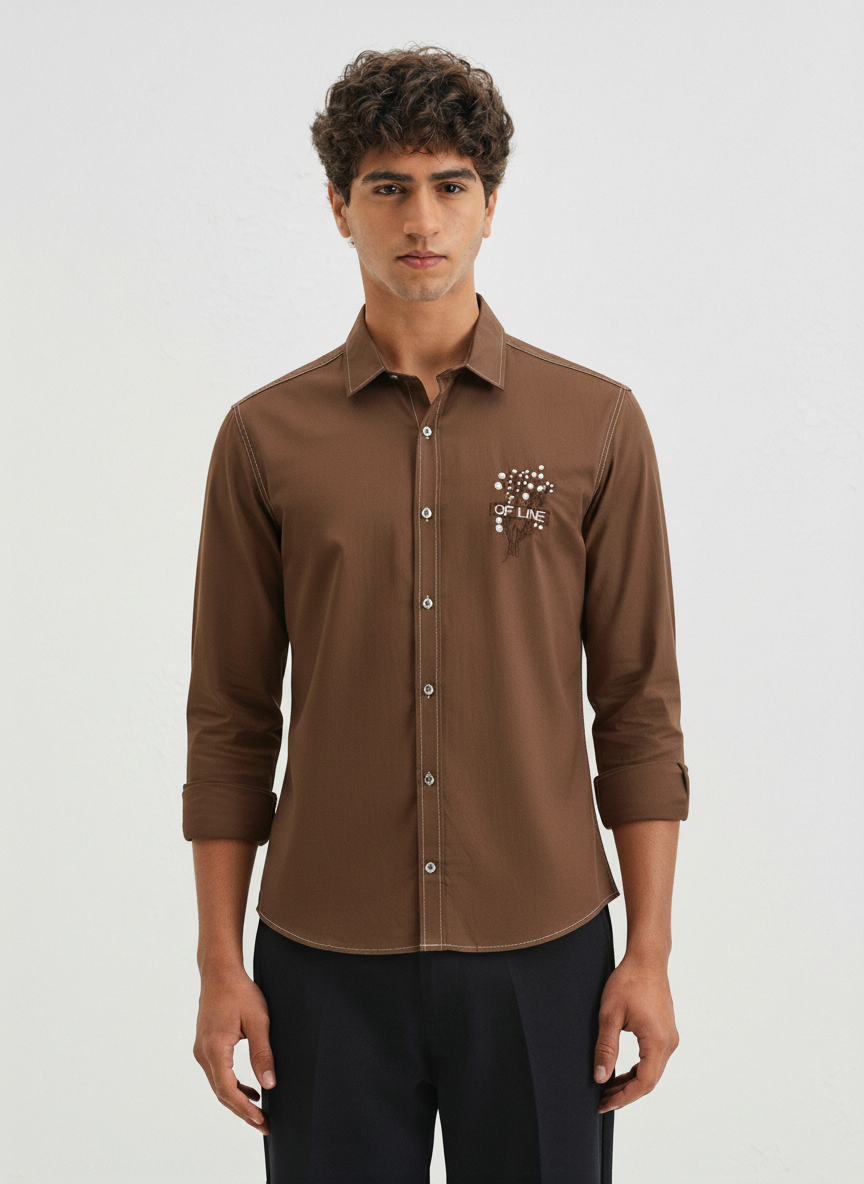 Men’s Brown Slim Fit Shirt with “Offline” Embroidery & Contrast Stitch Detailing