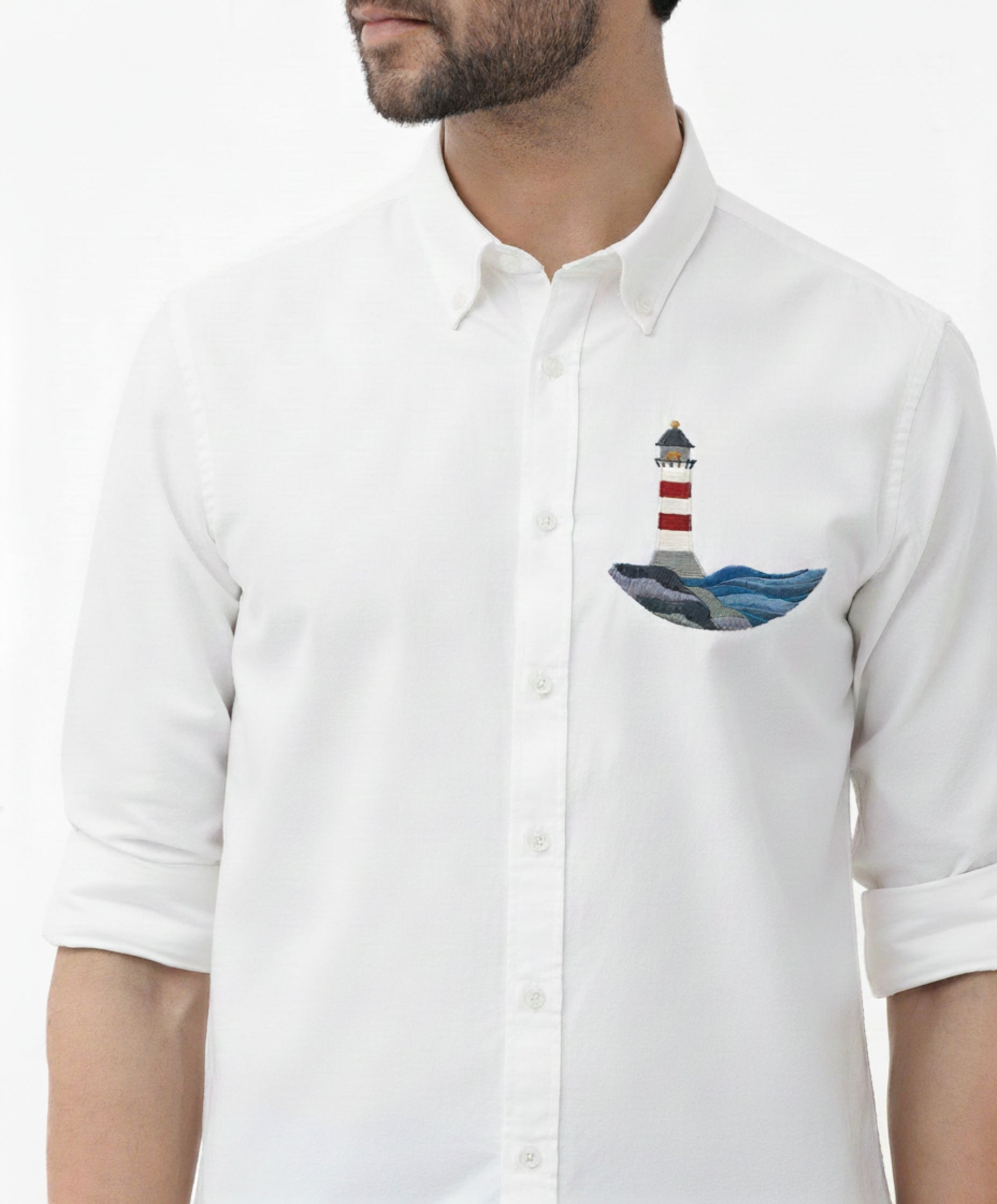Men’s Button-Down Shirt with Lighthouse & Ocean Wave Embroidered Design