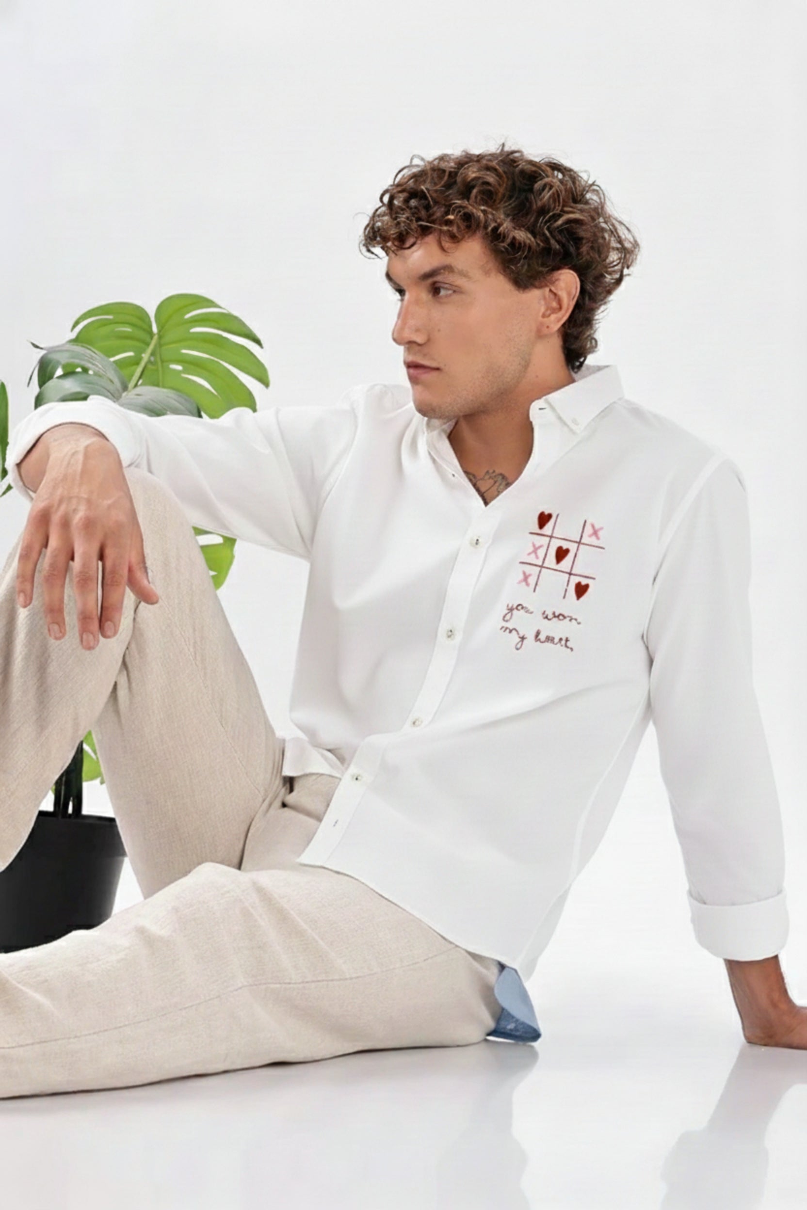 Men's Oxford Shirt with "Tic-Tac-Toe" Heart Embroidery