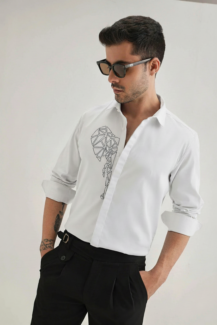 Men’s White Slim Fit Shirt with Geometric Elephant Embroidery & Concealed Placket