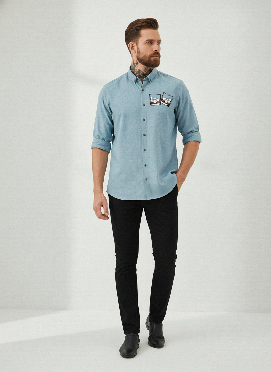 Men’s Light Blue “Whiskey Glass” Embroidered Casual Shirt