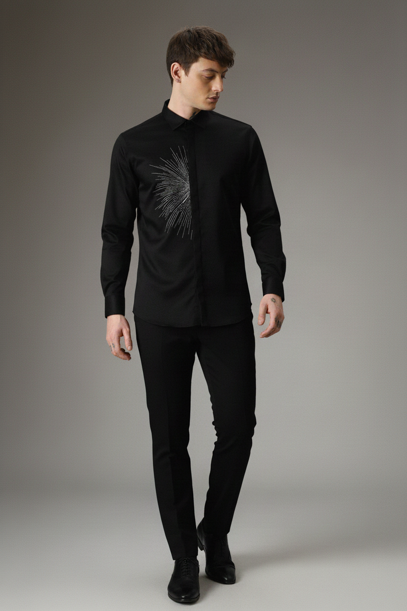 Men’s Black Slim Fit Shirt with Silver Abstract Burst Embroidery & Concealed Button Placket