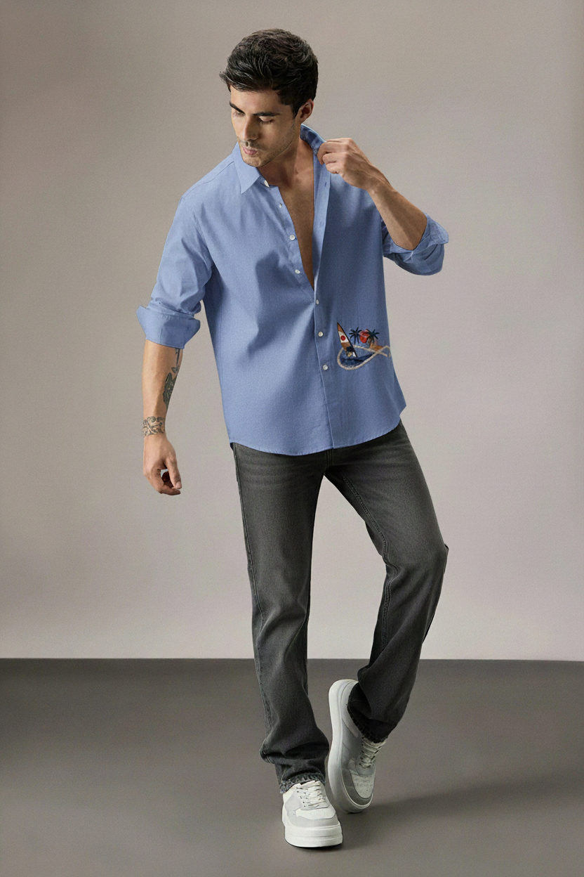 Men’s Sky Blue Casual Shirt with Tropical Embroidery Detailing