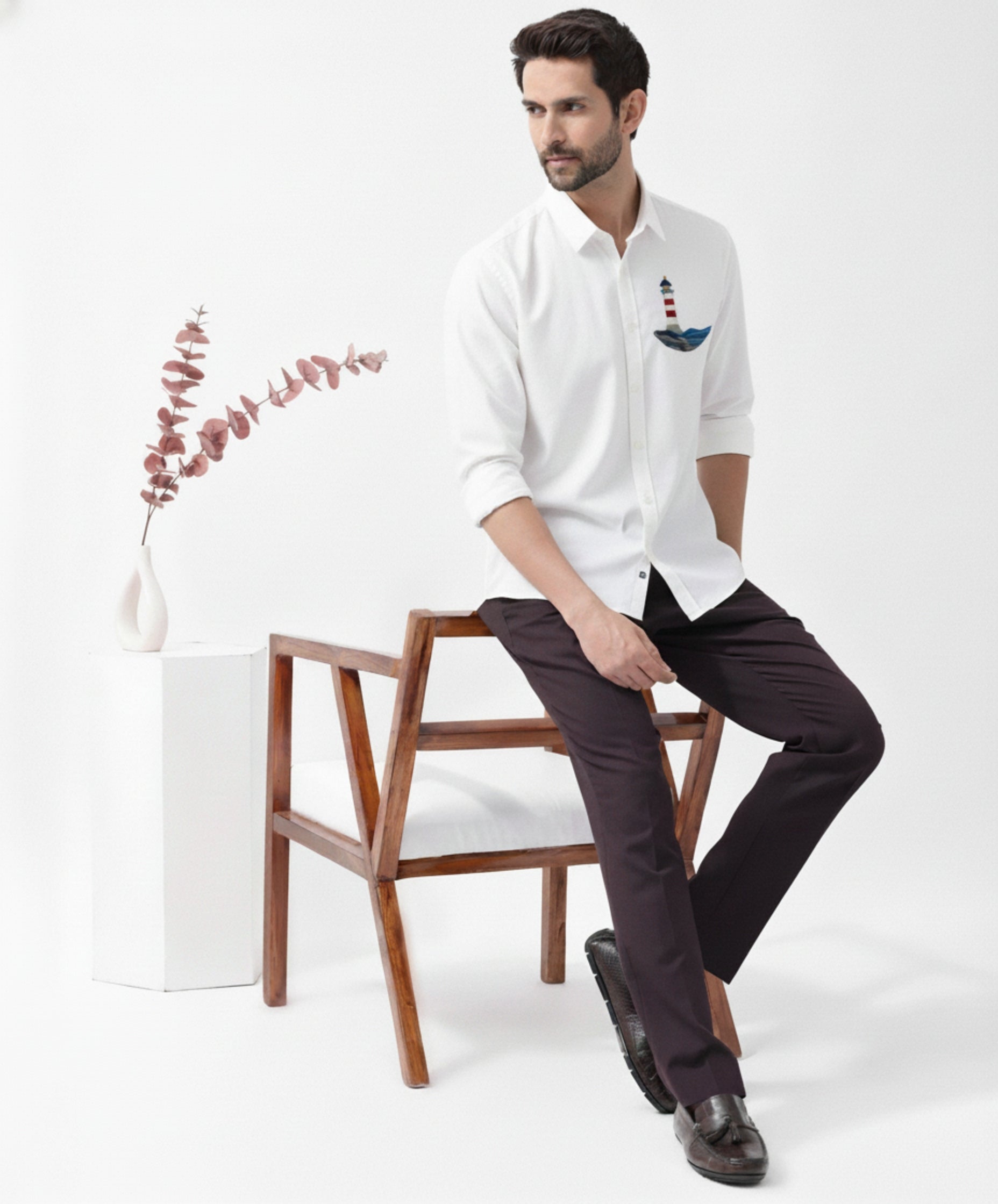 Men’s Button-Down Shirt with Lighthouse & Ocean Wave Embroidered Design