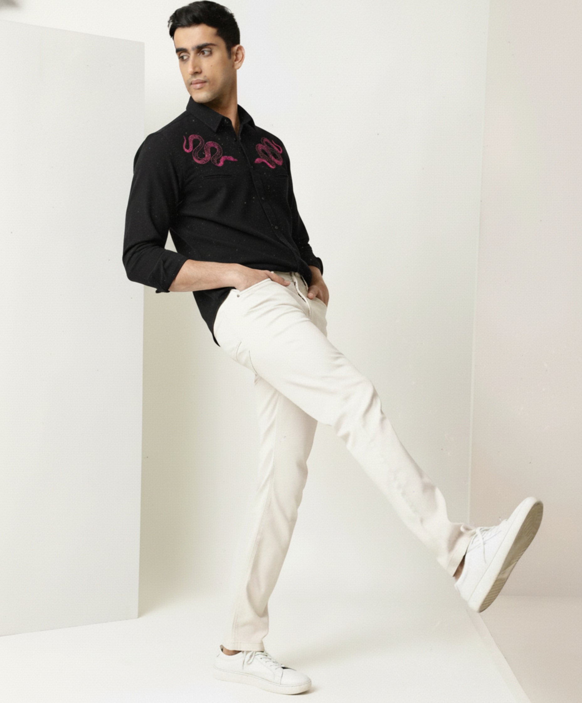 Men's Micro-Ribbed Streetwear Shirt with Pink Snake Embroidery